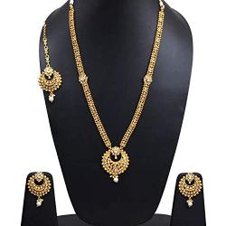 SANARA Indian Bollywood Traditional Gold Plated Crystal and Pearl Drop Made Bridal Designer Jewelry Gold Rani Haar Pendant Necklace Set for Women & Girl Wedding & Partywear Jewelry