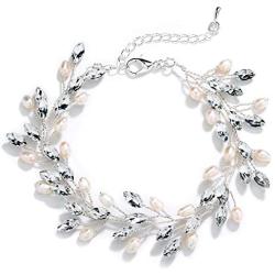 Mariell Bridal and Wedding Silver Bracelet with Crystal Gems and Freshwater Pearls, Fits 7'' to 8 ½'' Wrist