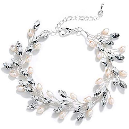Mariell Bridal and Wedding Silver Bracelet with Crystal Gems and Freshwater Pearls, Fits 7'' to 8 ½'' Wrist