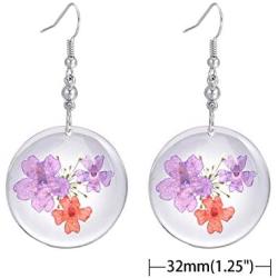 FM FM42 Purple Red Pressed Flowers & White Queen Annes Lace 1.25'' Round Dsic Drop Dangle Hook Earrings FE2082