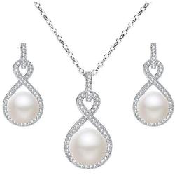 EleQueen 925 Sterling Silver CZ AAA Button Cream Freshwater Cultured Pearl Bridal Jewelry Necklace Earrings Set Ivory