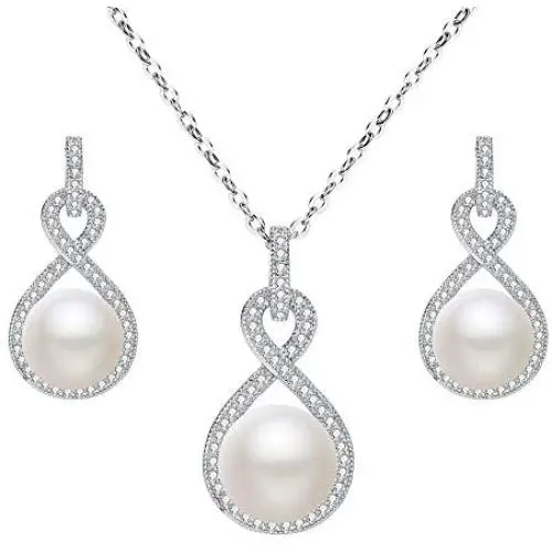 EleQueen 925 Sterling Silver CZ AAA Button Cream Freshwater Cultured Pearl Bridal Jewelry Necklace Earrings Set Ivory EleQueen 925 Sterling Silver CZ AAA Button Cream Freshwater Cultured Pearl Bridal Jewelry Necklace Earrings Set Ivory