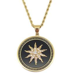 Moca Jewelry Hip-Hop Sun Flower Pendant Stainless Steel Chain Rhinestone Crystal Necklace for Men Women