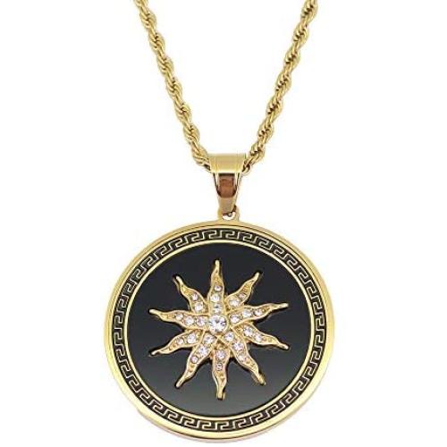Moca Jewelry Hip-Hop Sun Flower Pendant Stainless Steel Chain Rhinestone Crystal Necklace for Men Women