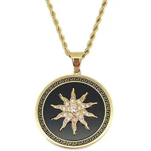 Moca Jewelry Hip-Hop Sun Flower Pendant Stainless Steel Chain Rhinestone Crystal Necklace for Men Women Moca Jewelry Hip-Hop Sun Flower Pendant Stainless Steel Chain Rhinestone Crystal Necklace for Men Women