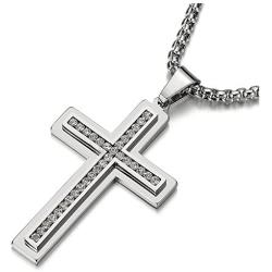 COOLSTEELANDBEYOND Men Women Large Stainless Steel Cross Pendant Necklace with Cubic Zirconia, 30 inch Wheat Chain