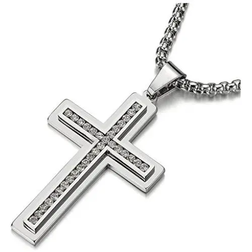 COOLSTEELANDBEYOND Men Women Large Stainless Steel Cross Pendant Necklace with Cubic Zirconia, 30 inch Wheat Chain COOLSTEELANDBEYOND Men Women Large Stainless Steel Cross Pendant Necklace with Cubic Zirconia, 30 inch Wheat Chain