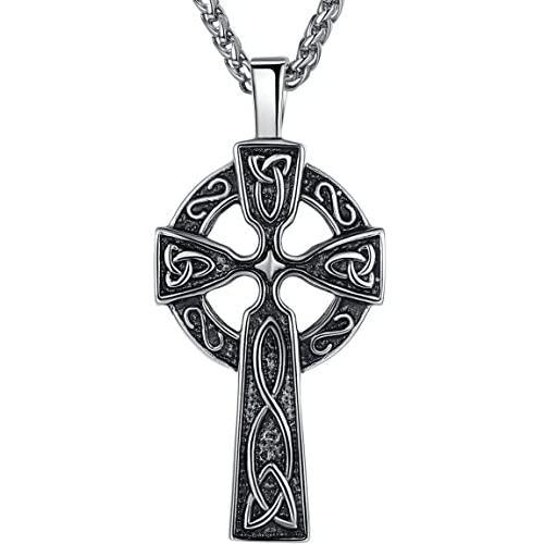 Aoiy Mens Stainless Steel Large Celtic Cross Irish Knot Pendant Necklace, 24'' Link Chain, aap011
