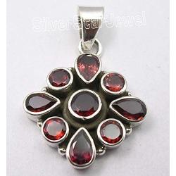 SilverStarJewel Natural Red Drop, Round Garnet Pendant 1.3'' 925 Sterling Silver Ladies Stone