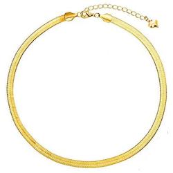 U/D Gold Plated Snake Chain Necklace Bracelet 5MM Flat Herringbone Choker Dainty Adjustable 16Inch Necklace for Women