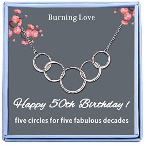 Happy 50th Birthday Gifts for Women Necklaces Sterling Silver Five Interlocking Circles Necklace Pendant Turning 50 Gifts for Women Birthday Gifts for Mom Aunt Teacher Colleague Women Jewelry
