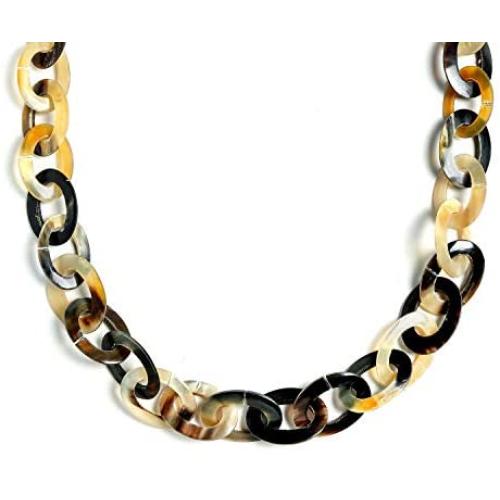 Bling Jewelry Earth Tone Brown Handmade Natural Buffalo Horn Long Oval Link Chain Necklace for Women 40 Inches