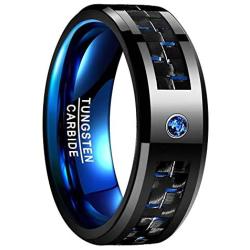 VAKKI 8mm Mens Red/Blue/Black Tungsten Carbide Rings with CZ Inlay Carbon Fiber Wedding Band Beveled Edge Comfort Fit Size 6-15