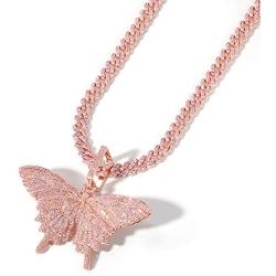 KMASAL Iced Out Chain 18K Gold Plated Fully CZ Simulated Diamond Pink Butterfly Hip Hop Pendent Necklace for Men Women