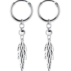 Minimalist Leaf Dangle Small Hoop Earrings for Women Girls 925 Sterling Silver with Charm Engraved Fashion Cute Ball Bead Drop Cartilage Hypoallergenic Fashion Unique Jewelry