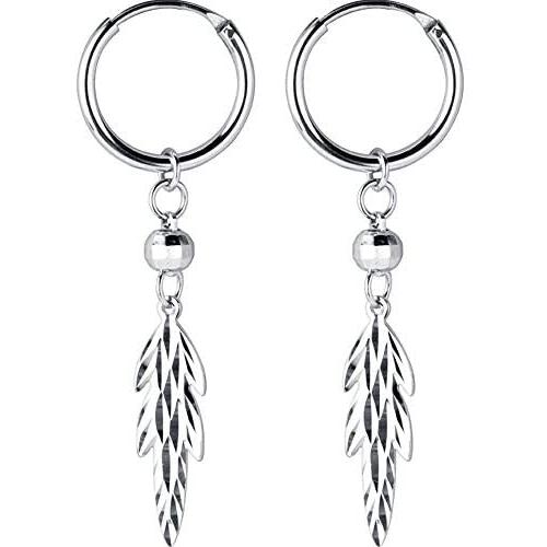 Minimalist Leaf Dangle Small Hoop Earrings for Women Girls 925 Sterling Silver with Charm Engraved Fashion Cute Ball Bead Drop Cartilage Hypoallergenic Fashion Unique Jewelry