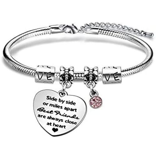 KENYG Friendship Jewelry Side by Side Or Miles Apart Best Friends are Always Close at Heart Silver Crystal Bracelet Bangle for Women