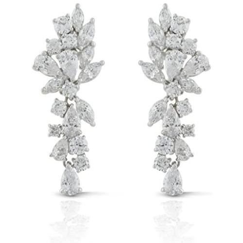 JanKuo Jewelry Rhodium Plated Bridal Floral Leaves Marquise Cubic Zirconia Chandelier Earrings