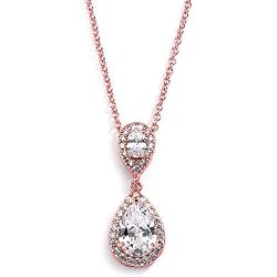 Mariell Rose Gold Pear-Shaped Cubic Zirconia Teardrop Bridal Necklace Pendant - Blush Wedding Jewelry