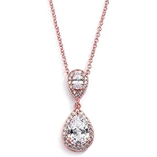 Mariell Rose Gold Pear-Shaped Cubic Zirconia Teardrop Bridal Necklace Pendant - Blush Wedding Jewelry