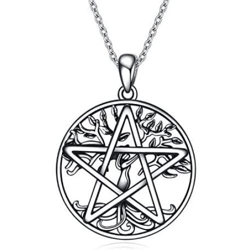 YFN Pentacle Pentagram Necklace Sterling Silver Tree of Life Pentacle Pentagram Pendant Necklace Pagan Witch Jewelry Gifts for Women