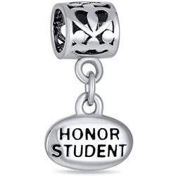 Personalize Oval Engravable Graduate Graduation Words Honor Student Dangle Bead Charm For Women Teen Oxidized .925 Sterling Silver Fits European Bracelet