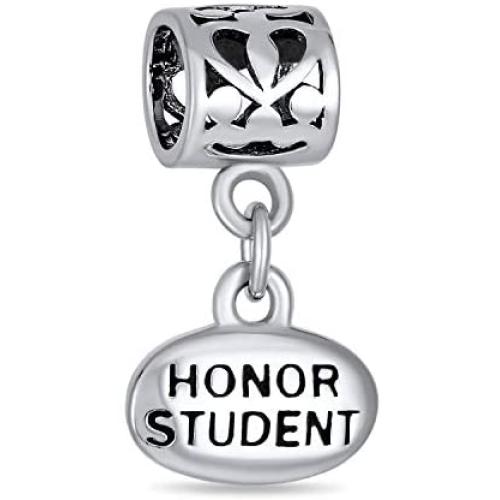 Personalize Oval Engravable Graduate Graduation Words Honor Student Dangle Bead Charm For Women Teen Oxidized .925 Sterling Silver Fits European Bracelet