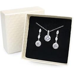 Women Fashion Necklace Earrings Round-Cut Cubic Zirconia Pendant Necklace Dangle Earrings Jewelry Set (White)