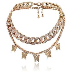 N/Q 2 Pcs 14 K Gold Silver Plated Hip Hop Shiny Rhinestone Chunky Chain Butterfly Necklaces Punk Rock Crystal Cuban Link Chain Choker Collar Necklace for Women Girls Personality Jewelry