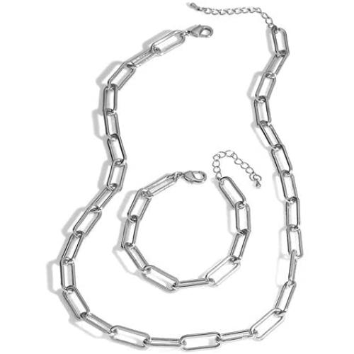 N/Q 18K Gold Silver Plated Chunky Chain Choker Necklace Bracelet for Women Girls Punk Geometric Oval Link Paperclip Punk Jewelry Set