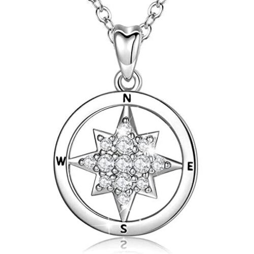 CELESTIA Sterling Silver Compass Necklace for Women Friendship Pendant Circle Necklace Graduation Christmas Gifts for Women Girls - 18 Chain