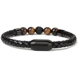 Ckysee 7 Chakra Lava Rock Bracelet Healing Balancing Genuine Leather Bracelets with Magnetic Clasp Tiger Eye Agate Howlite for Men