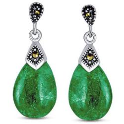 Dyed Green Jade Marcasite Pear Shaped Teardrop Dangle Stud Earrings For Women 925 Sterling Silver