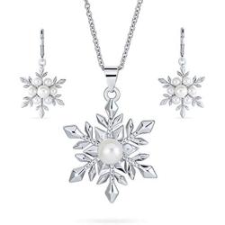 Christmas White Simulated Pearl Holiday Party Snowflake Pendant Necklace Earring Jewelry Set for Women Leverback Silver Plated