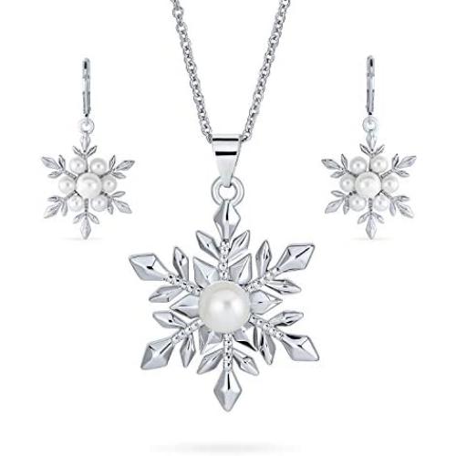 Christmas White Simulated Pearl Holiday Party Snowflake Pendant Necklace Earring Jewelry Set for Women Leverback Silver Plated