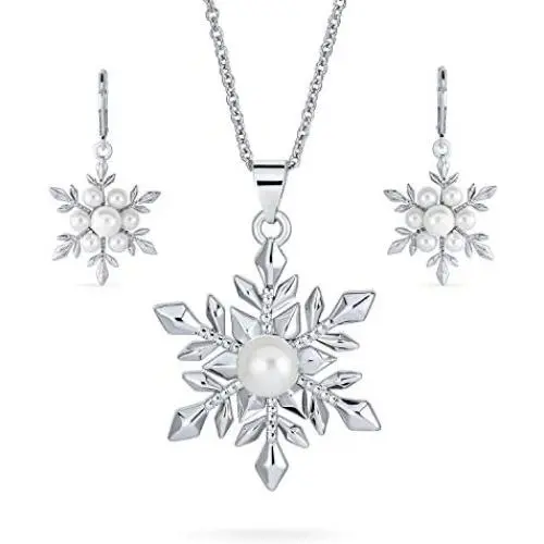 Christmas White Simulated Pearl Holiday Party Snowflake Pendant Necklace Earring Jewelry Set for Women Leverback Silver Plated Christmas White Simulated Pearl Holiday Party Snowflake Pendant Necklace Earring Jewelry Set for Women Leverback Silver Plated