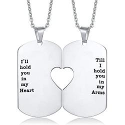 His and Hers Couple Necklace, Stainless Steel Matching Heart Dogtag Love Quote Engraved Stamped Pendant Necklace, Couples Necklace for Valentine Day Gift