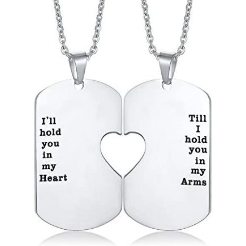 His and Hers Couple Necklace, Stainless Steel Matching Heart Dogtag Love Quote Engraved Stamped Pendant Necklace, Couples Necklace for Valentine Day Gift
