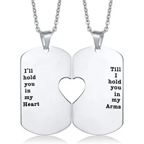 His and Hers Couple Necklace, Stainless Steel Matching Heart Dogtag Love Quote Engraved Stamped Pendant Necklace, Couples Necklace for Valentine Day Gift