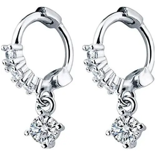 Tiny CZ Dangle Sterling Silver Small Hoop Earrings for Women Teen Girls 18K White Gold Plated with Charms Cartilage Sleeper Hoops Pave Cubic Zirconia Solitaire Crystal Drop Fashion Wedding Jewelry 6mm