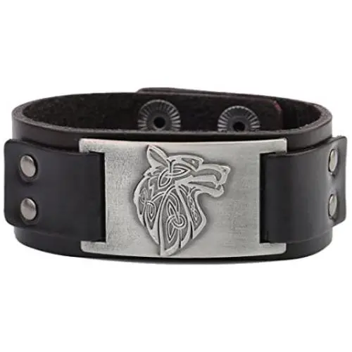 Dawapara Vintage Nordic Fenrir Viking Wolf Scandinavian Talisman Cuff Leather Bracelet Men Jewelry