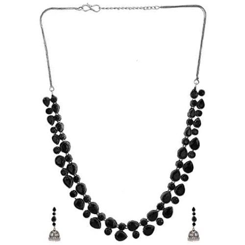 Efulgenz Boho Vintage Antique Ethnic Gypsy Indian Oxidized Silver Crystal Cubic Zirconia Bridal Necklace Earrings Jewelry Set