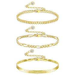 HAIAISO 14K Gold Plated Adjustable Layered Bracelets Gold Chain Bracelets Sets Cuban Link Bracelet Flat Herringbone Chain Bracelet Figaro Chain Bracelets Dainty Stacking Beaded Bracelet for Women