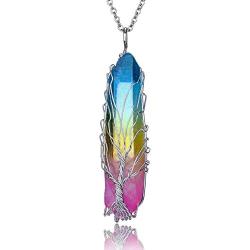 Top Plaza Natural Raw Stone Healing Crystal Necklace Silver Tree of Life Wire Wrapped Clear Quartz Point Pendant for Womens Ladies