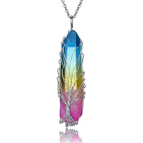 Top Plaza Natural Raw Stone Healing Crystal Necklace Silver Tree of Life Wire Wrapped Clear Quartz Point Pendant for Womens Ladies Top Plaza Natural Raw Stone Healing Crystal Necklace Silver Tree of Life Wire Wrapped Clear Quartz Point Pendant for Womens Ladies