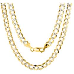 Nuragold 14k Yellow Gold Solid 7mm Cuban Chain Curb Link Diamond Cut Pave Two Tone Necklace, Mens Jewelry Lobster Lock 20'' 22'' 24'' 26'' 28'' 30''