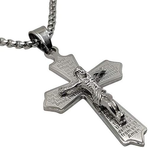 ULATREE Cross Necklace for Men Stainless Steel Skull Cross Pendant for Men Jesus Silver Necklace for Men Gifts for Men Gifts for Boyfriend Mens Cross Necklace Flower Jewelry