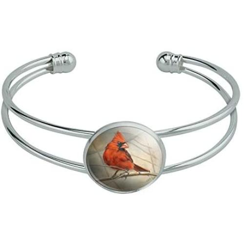 GRAPHICS & MORE Cardinal Red Bird on Tree Branch Novelty Silver Plated Metal Cuff Bangle Bracelet