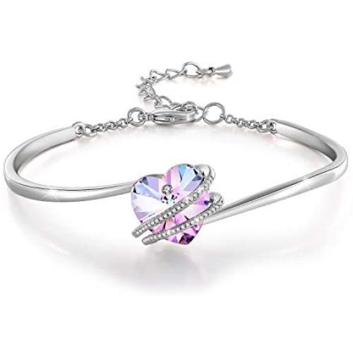 “Love Echo”7inches Adjustable Purple Heart Crystal Bangles Bracelet with Crystals, Mothers Day Valentines Day Jewelry Gifts for Women Wife Girls