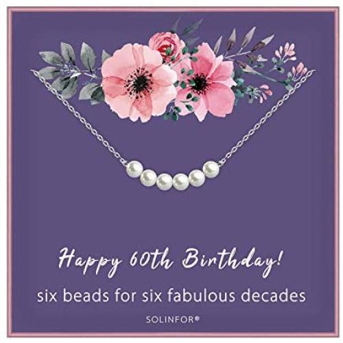 60th Birthday Gifts for Women - Sterling Silver Necklace Six Pearls for Her 6 Decades - 60 Years Old Jewelry Gift Idea